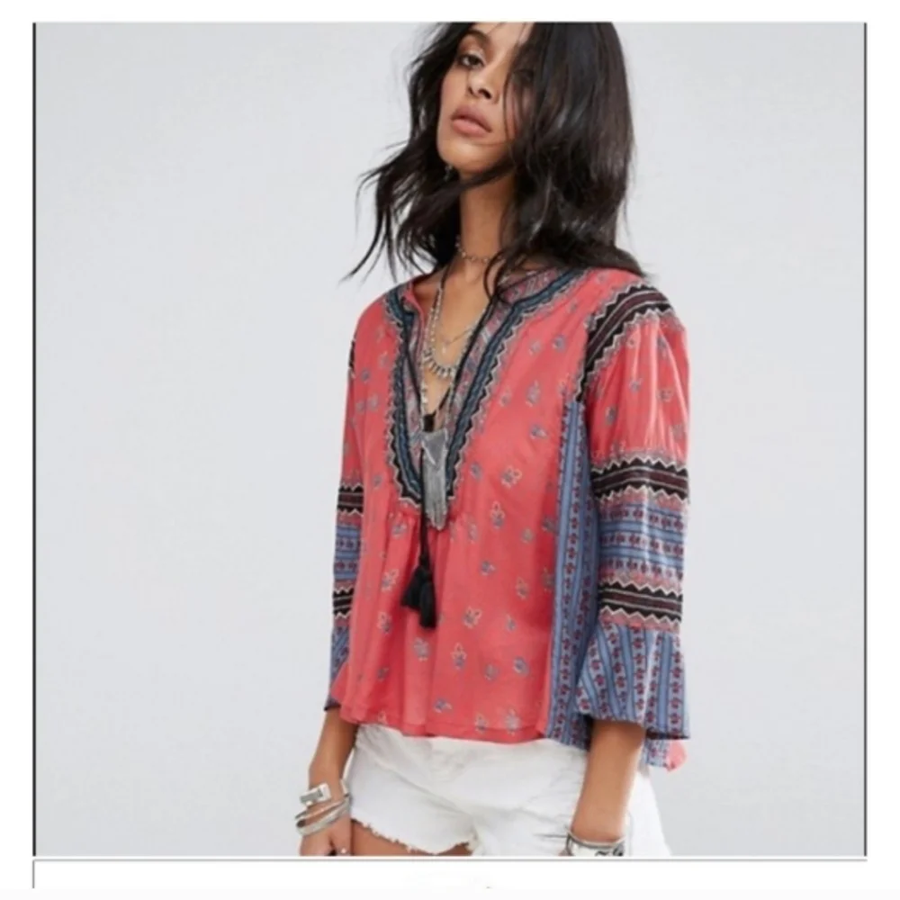 Boho V-Neck Tassel Peasant Top in Coral Mix - Picture 3 of 13